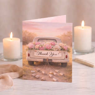 Carte De Remerciements Mariage Rustique avec Camion Vintage et Fleurs Ros