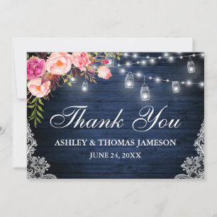 Carte De Remerciements Mariage Rustique Bleu Bois rose Floral Lumières