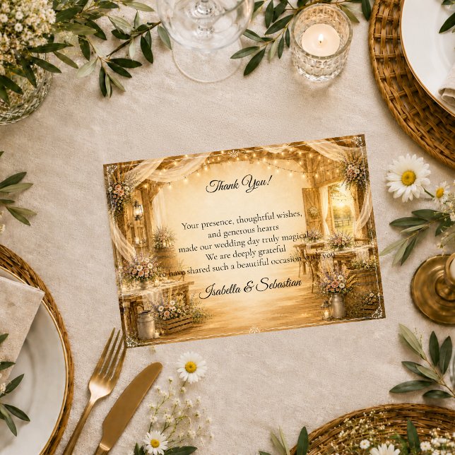 Carte De Remerciements Mariage rustique dans une grange intérieure (Créateur téléchargé)