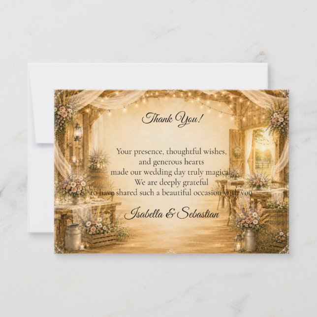 Carte De Remerciements Mariage rustique dans une grange intérieure (Devant)