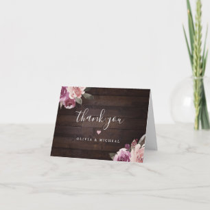 Carte De Remerciements Mariage rustique en bois avec fleurs mauves et mûr