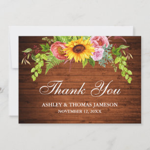 Carte De Remerciements Mariage rustique en bois avec tournesols floraux