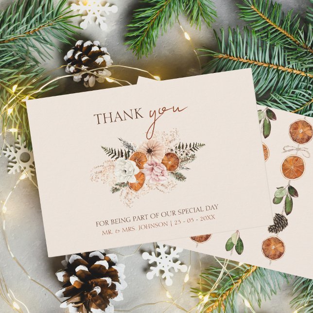 Carte De Remerciements Mariage Rustique Orange Slices Fleurs blanches (Winter Orange Slices Dried Citrus Cinnamon Wedding Thank You Card)