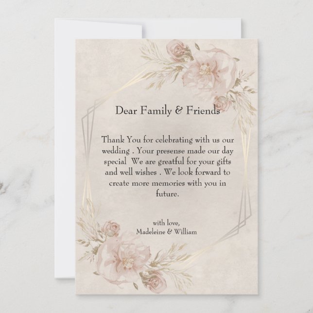 Carte De Remerciements Mariage Rustique Roses Poussiéreuses Roses & Fleur (Devant)