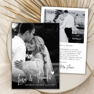 Carte De Remerciements Mariage Script coeur amour Photo Noir et Blanc 2