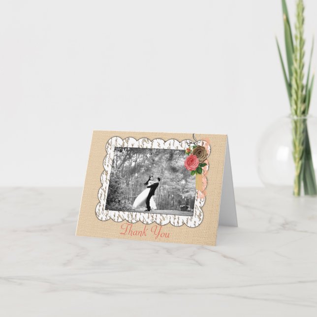 Carte De Remerciements Mariage Shabbychic Burlap Rose Floral Dentelle Rem (Devant)