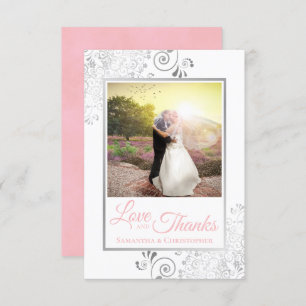 Carte De Remerciements Mariage Silver Lace Rose sur White Love & Thanks