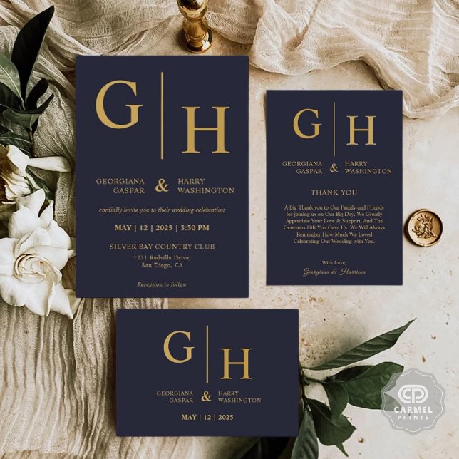 Carte De Remerciements Mariage simple bleu marine foncé et or (Dark Navy Blue Color And Gold Plain Wedding Thank You Card)