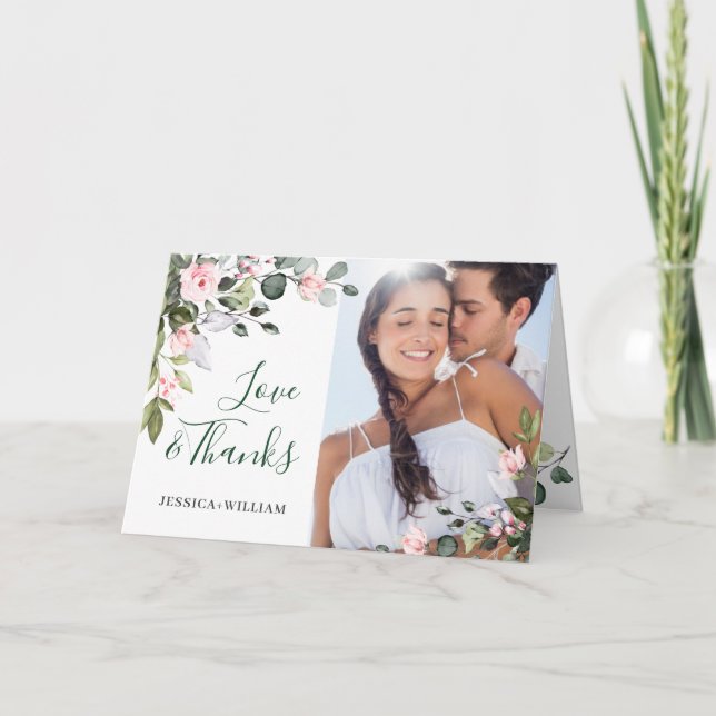 Carte De Remerciements Mariage simple Eucalyptus Blush Rose Roses (Devant)