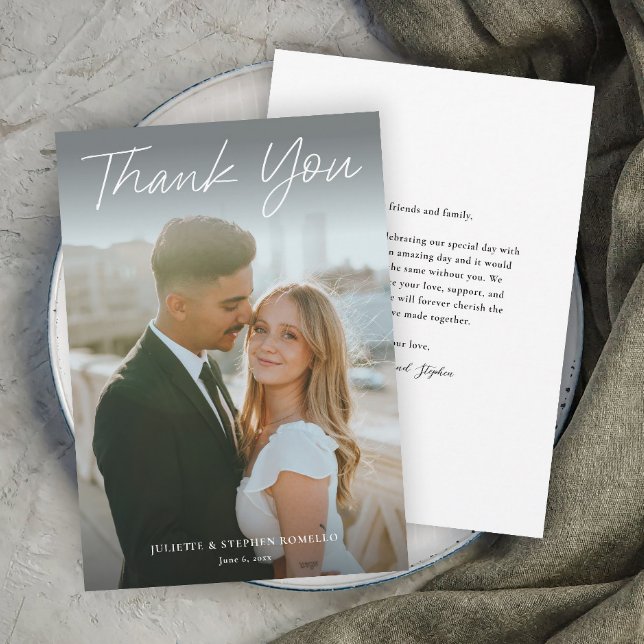 Carte De Remerciements Mariage Simple Photo Écriture Moderne (Modern script photo wedding thank you card with full bleed photo typography overlay.)