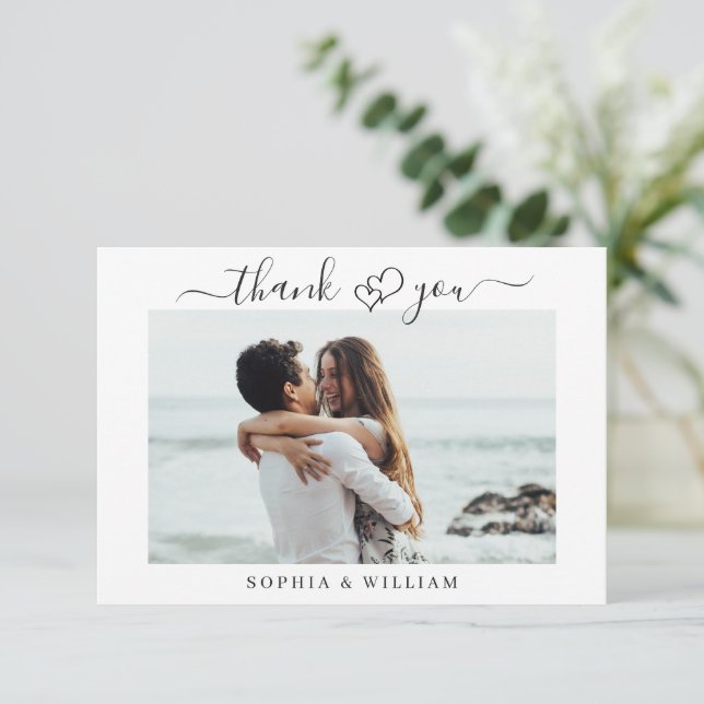 Carte De Remerciements Mariage Simplement Élégant Cœurs Photo Simple (Debout devant)