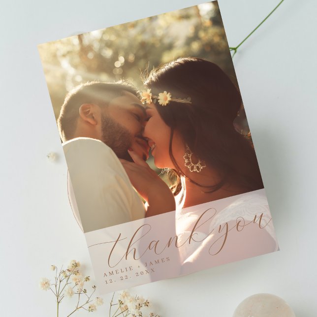 Carte De Remerciements Mariage Superposition de photo de script beige élé (Créateur téléchargé)