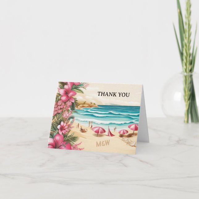 Carte De Remerciements Mariage sur la plage rose (Devant)