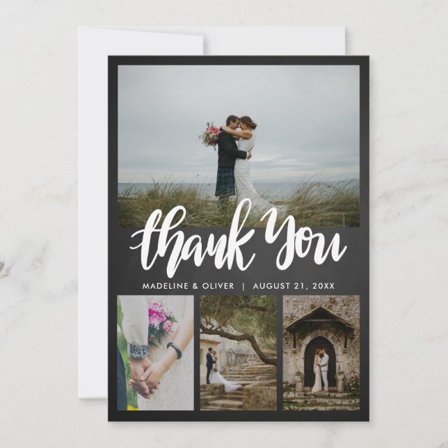 Carte De Remerciements Mariage Tableau Noir Quatre Photos | Script de Rem (Devant)