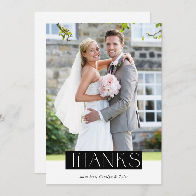 Carte De Remerciements MARIAGE THANKS photo moderne chic serif superposit (Devant / Derrière)