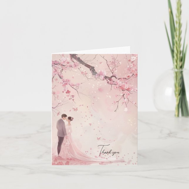 Carte De Remerciements Mariage thème rose pour mariés (Devant)