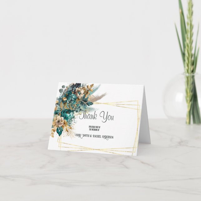 Carte De Remerciements Mariage turquoise et Gold (Devant)