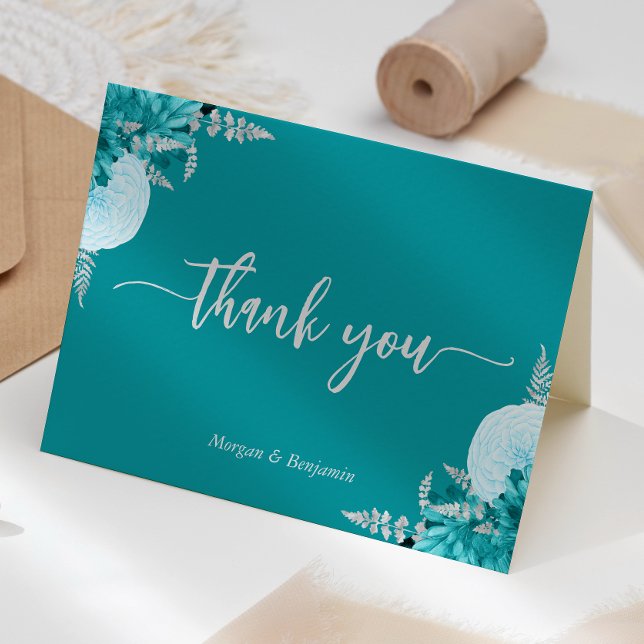Carte De Remerciements Mariage Turquoise Floral Script Argent (Créateur téléchargé)
