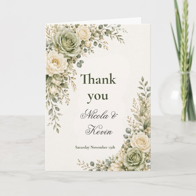 Carte De Remerciements Mariage Vert Sauge et Crème (Devant)
