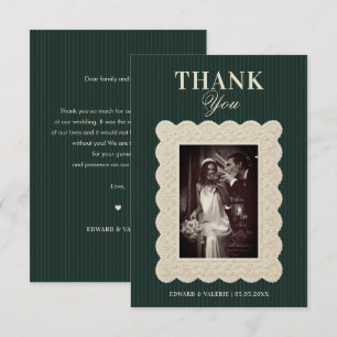 Carte De Remerciements Mariage Vintage Forêt Verte Rayures & Dentelle d'I