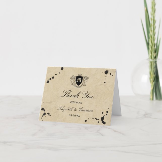 Carte De Remerciements Mariage Vintage Monogram & Tache d'Encre (Devant)
