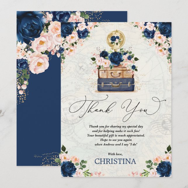 Carte De Remerciements Mariage Voyage Thème Fleurs Roses Et Bleu Marine (Devant / Derrière)