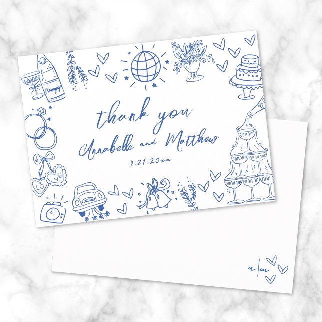 Carte De Remerciements Mariage Whimsical bleu dessiné à la main (Hand Drawn Blue Whimsical Wedding Thank You Card )