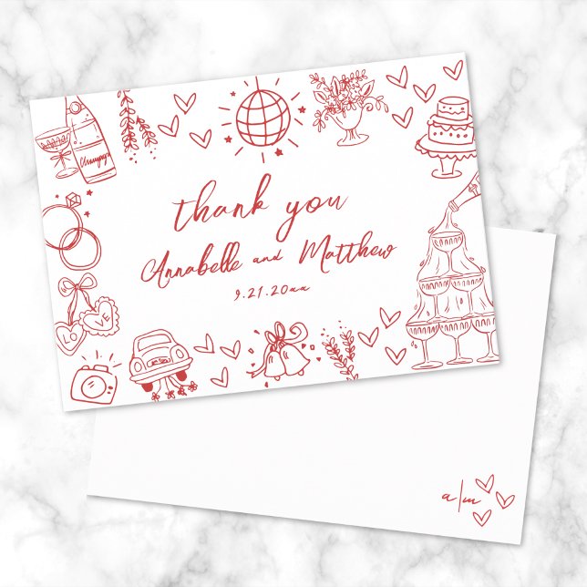 Carte De Remerciements Mariage Whimsical Rouge tiré à la main (Hand Drawn Red Whimsical Wedding Thank You Card)