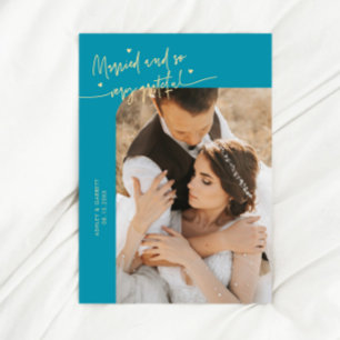 Carte De Remerciements Mariés et reconnaissants Photo de mariage Bleu Aqu