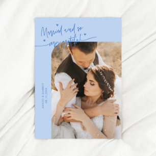 Carte De Remerciements Mariés et reconnaissants Photo de mariage bleu gla