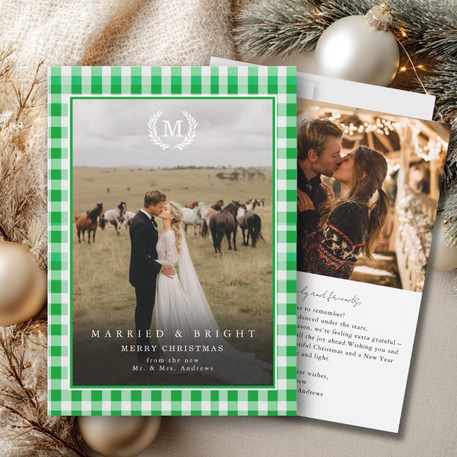 Carte De Remerciements "Mariés & Lumineux" Gingham Armoiries Monogramme 2 ("Married & Bright" Gingham Monogram Crest 2 Photo Thank You Card)