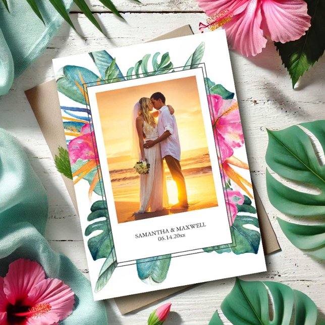 Carte De Remerciements Mariés Tropicaux Remerciements de Mariage (Wedding thank you cards tropical destination with template for bride and groom photo and custom text)