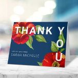 Carte De Remerciements Marine bleu Bat mitzvah moderne rouge Floral Aquar<br><div class="desc">Assurez-vous que votre Bat mitzvah préféré exprime sa reconnaissance à tous ceux qui ont soutenu son événement marquant! Envoyez cette invitation sophistiquée et personnalisée ! Une aquarelle chic, étonnante, florale avec un style san serif moderne recouvre un arrière - plan bleu marine. Personnalisez le texte personnalisé avec le nom de...</div>