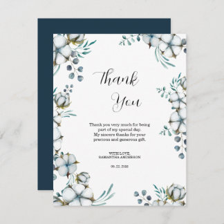 Carte De Remerciements Marine bleu Cotton fleurs eucalyptus Fête des mari