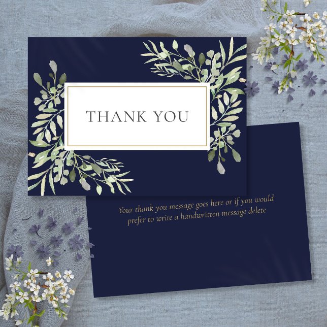 Carte De Remerciements Marine Bleu Élégant Or Émeraude Verdure Foliage (Navy Blue Elegant Gold Emerald Greenery Foliage Thank You Card)