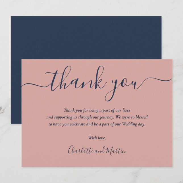 Carte De Remerciements Marine Bleu et Blush Élégant Script moderne (Devant / Derrière)