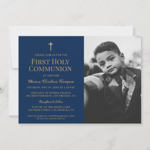 Carte De Remerciements Marine bleu Gold Photo Première communion invitati
