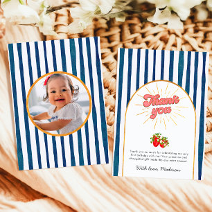 Carte De Remerciements Marine Bleu Or Blanc Anniversaire Photo Fraise