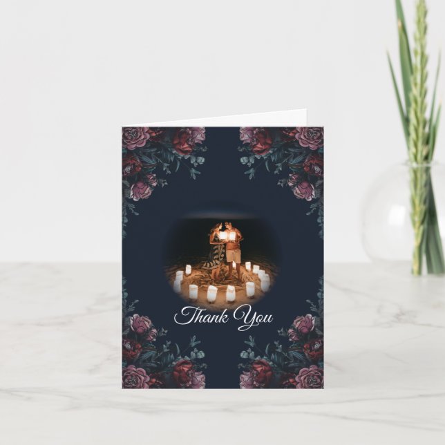 Carte De Remerciements Marine Bleue Flore Élégant Mariage (Devant)