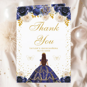 Carte De Remerciements Marine Blue Floral Princess Quinceañera