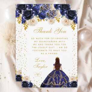 Carte De Remerciements Marine Blue Floral Princess Quinceañera
