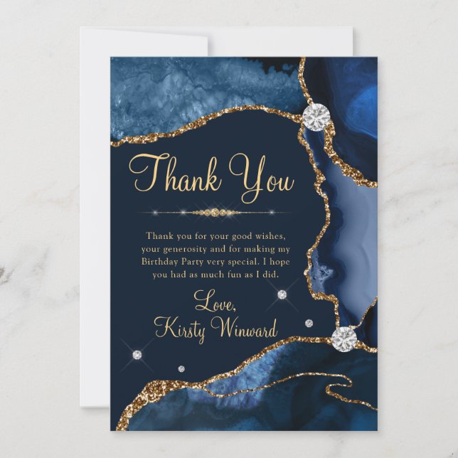 Carte De Remerciements Marine Blue & Gold Faux Parties scintillant Agate  (Devant)