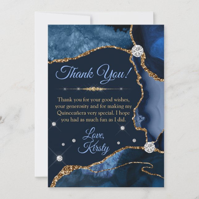 Carte De Remerciements Marine Blue & Gold Faux Parties scintillant Agate  (Devant)