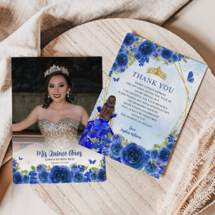Carte De Remerciements Marine Blue Gold Floral Princesse Quinceañera Phot
