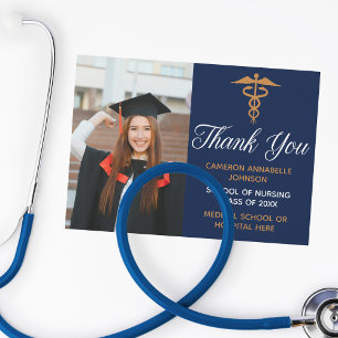 Carte De Remerciements Marine Blue Gold Graduation Photo Infirmière ou mé