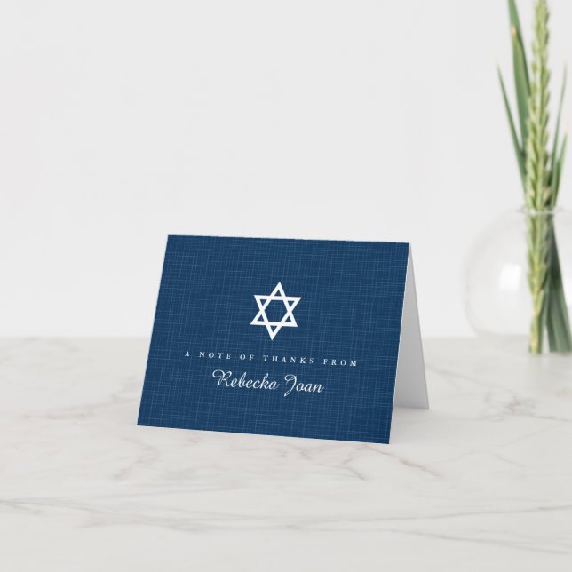 Carte De Remerciements Marine Blue Linen Motif Star de David Bat mitzvah (Devant)