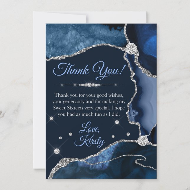 Carte De Remerciements Marine Blue & Silver Faux Parties scintillant Agat (Devant)