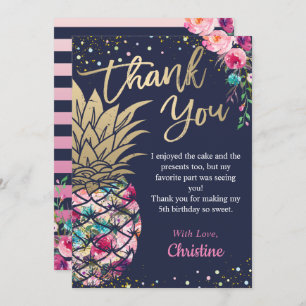 Carte De Remerciements Marine Blue Tropical Rose Or Ananas Floral