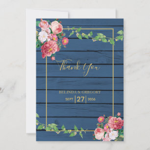 Carte De Remerciements Marine Blue Wood Vintage rose Roses et Mariage or