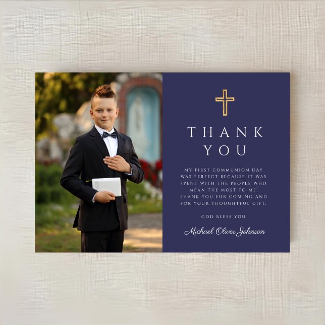 Carte De Remerciements Marine Croix Bleue Boy Photo First Communion (Navy Blue Cross Boy Photo First Communion Thank You Card)